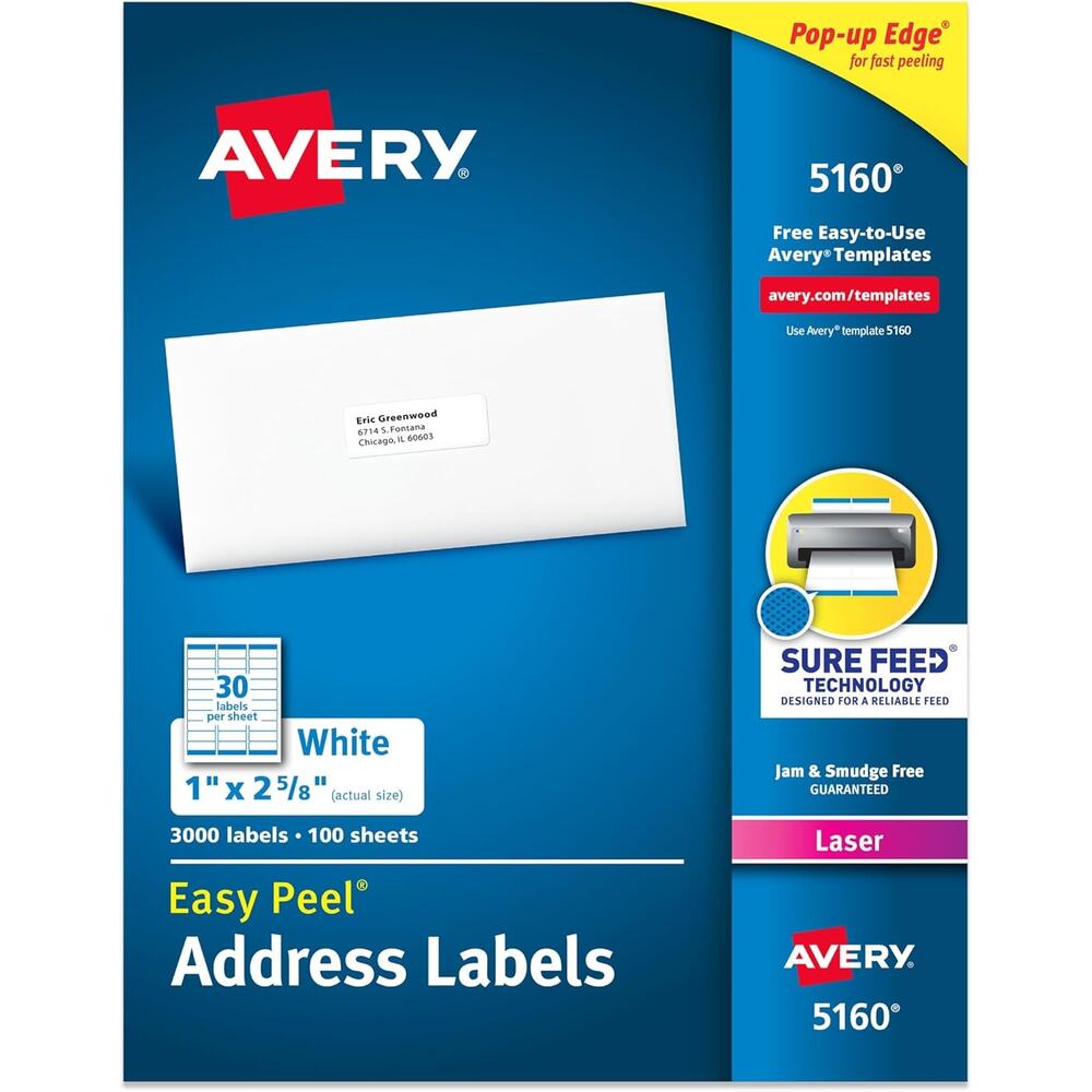 Avery Easy Peel Printable Address Labels, 1" x 2-5/8" Stickers, White 3000, 5160
